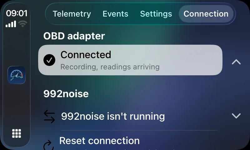 The CarPlay Connection tab showing the adapter connected.