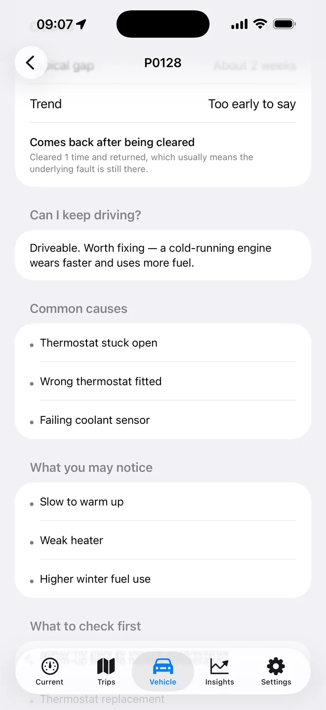 The history of fault code P0128 on this vehicle.