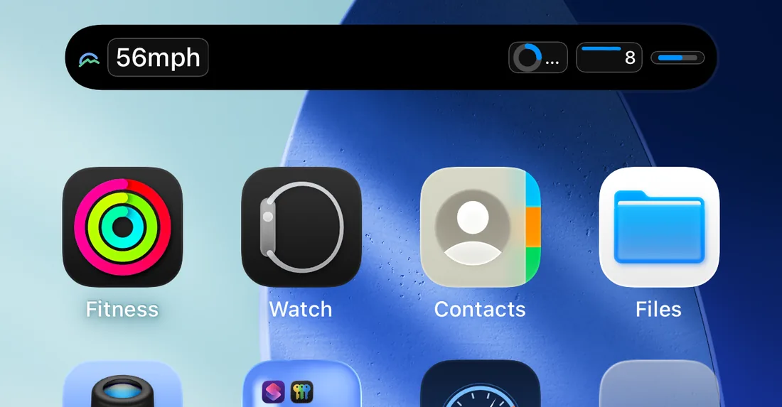 The Home Screen, with the drive in the Dynamic Island.