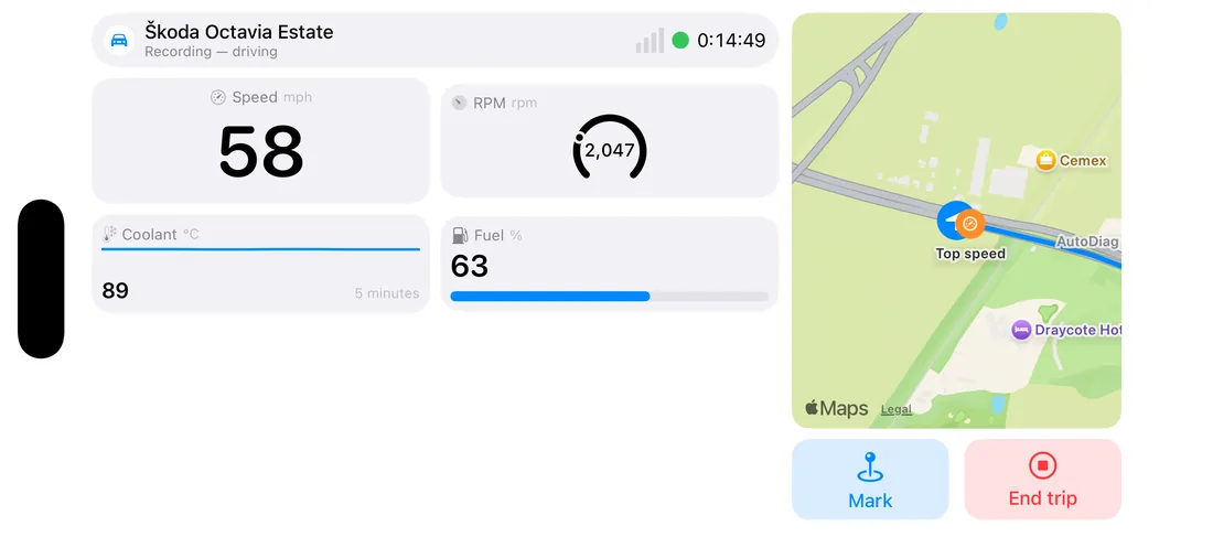 The Current screen turned sideways: a larger dashboard and map for a phone cradle.