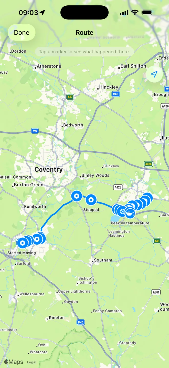 Full-screen route map with event markers.